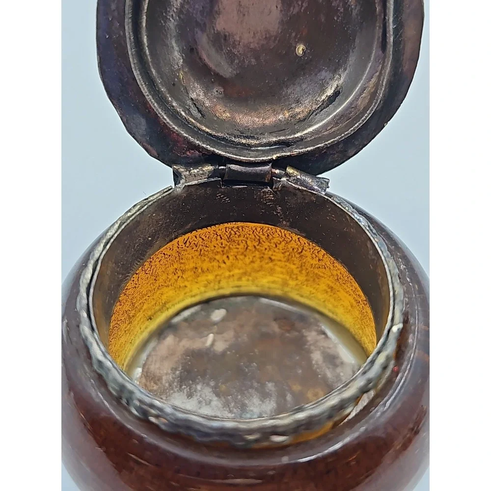 Vintage India Amber Glass Trinket Box Silver Tone Hinged Lid Footed Jewelry Box